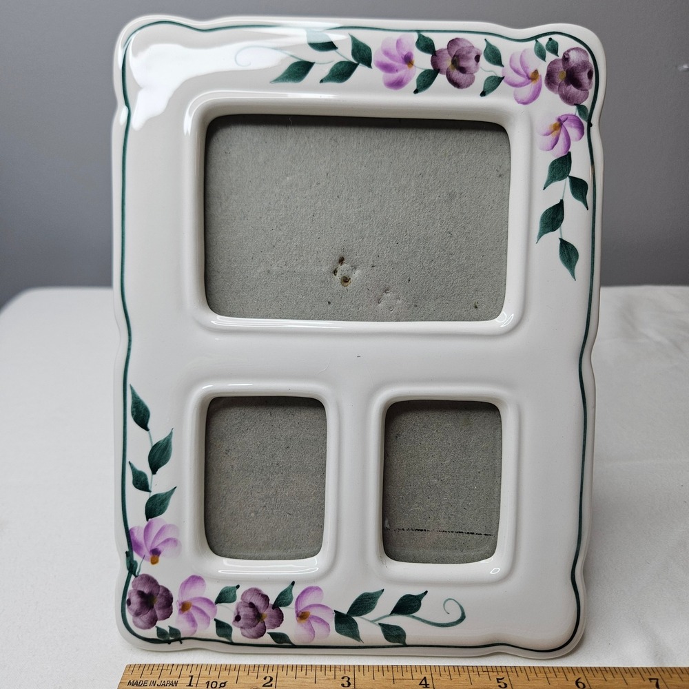 Vtg Ceramic Floral 3 Opening Picture Frame Hand Painted Pansies White‎ Purple